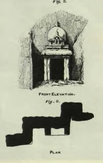 Drawing of a front elevation and, below it, the plan (solid black) of miniature rock-cut shrines on the Undavalli hill: a single small shrine with a domed roof and a pillared doorway cut into the rock face.