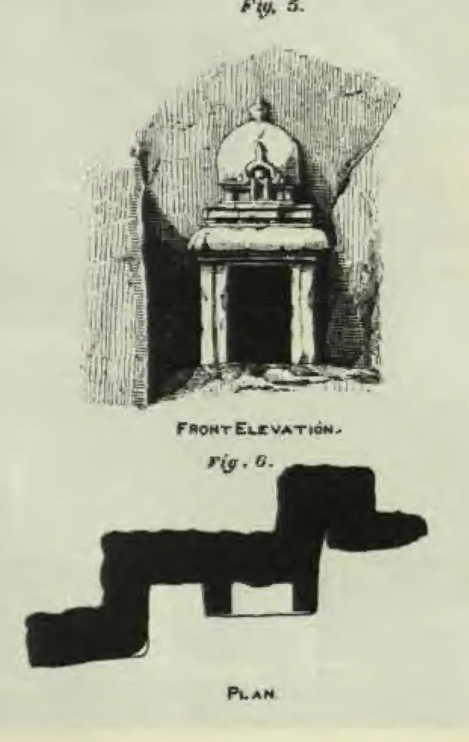 Drawing of a front elevation and, below it, the plan (solid black) of miniature rock-cut shrines on the Undavalli hill: a single small shrine with a domed roof and a pillared doorway cut into the rock face.
