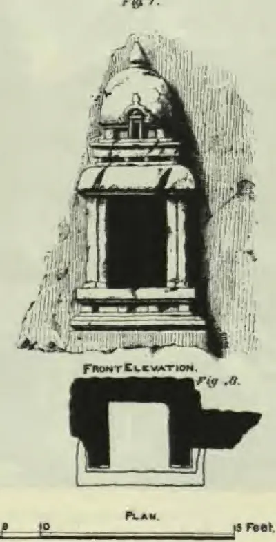 Drawing of a front elevation and, below it, the plan (solid black) of miniature rock-cut shrines on the Undavalli hill: a single small shrine with a domed roof on a moulded base, cut into a pointed rock face.