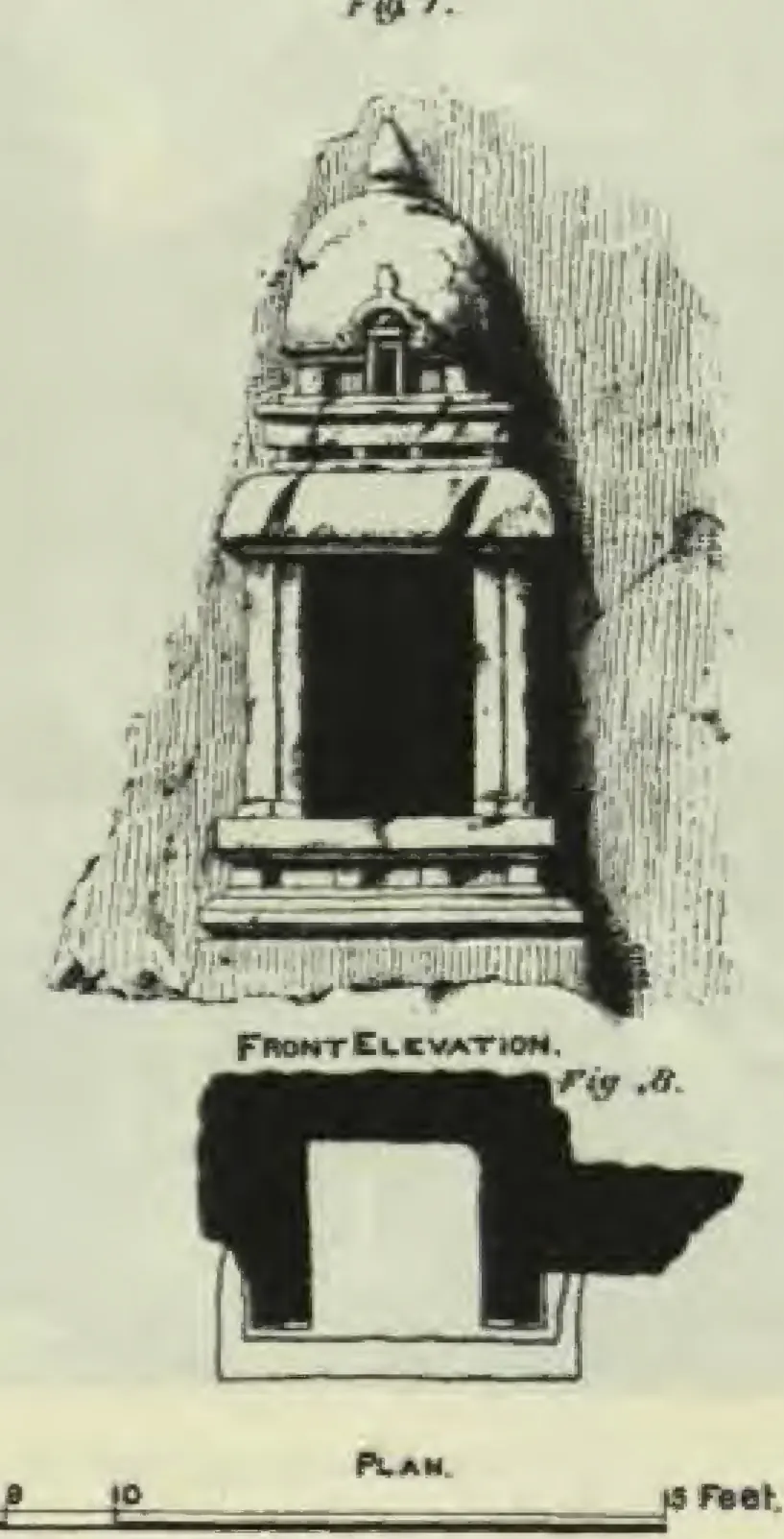 Drawing of a front elevation and, below it, the plan (solid black) of miniature rock-cut shrines on the Undavalli hill: a single small shrine with a domed roof on a moulded base, cut into a pointed rock face.